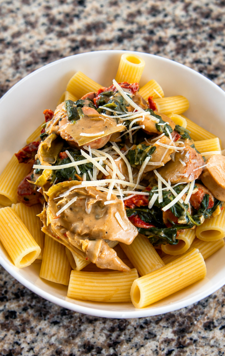 Spinach, Artichoke, Sun-dried Tomato, and Chicken Sausage Pasta